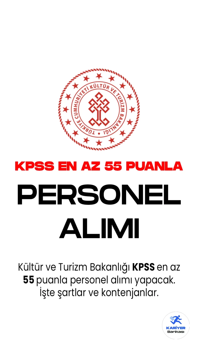 Kültür ve Turizm Bakanlığı KPSS en az 55 puanla 127 personel alımı başvuruları sürüyor. Cumhurbaşkanlığı SBB'de yayımlanan duyurura göre, Bakanlığına temizlik personeli, büro personeli, koruma ve güvenlik görevlisi unvanlarında olmak üzere 127 sözleşmeli personel alınacak. Başvurular 9 Haziran 2023 tarihine kadar devam edecek.