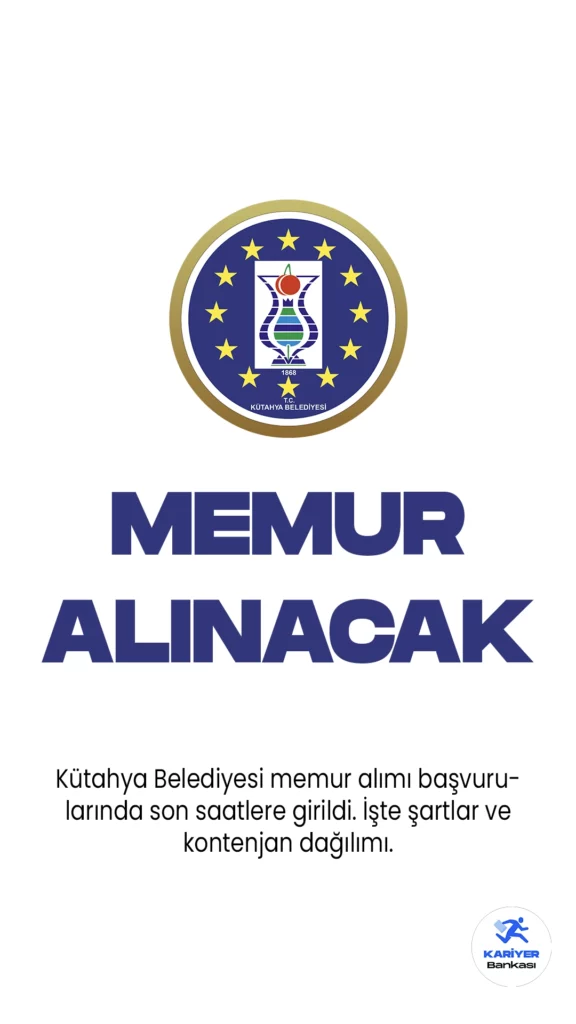Kütahya Belediyesi memur alımı başvuru işlemleri devam ediyor. Cumhurbaşkanlığı SBB Kamu ilan sitesinde yayımlanan duyuruda, Kütahya Belediyesine 13 memur alımı yapılacağı aktarılırken, başvuruların 12 Mayıs tarihinde sona ereceği kaydedildi.Başvuru yapacak adayların belirtilen genel ve özel şartları taşıması gerekmektedir.