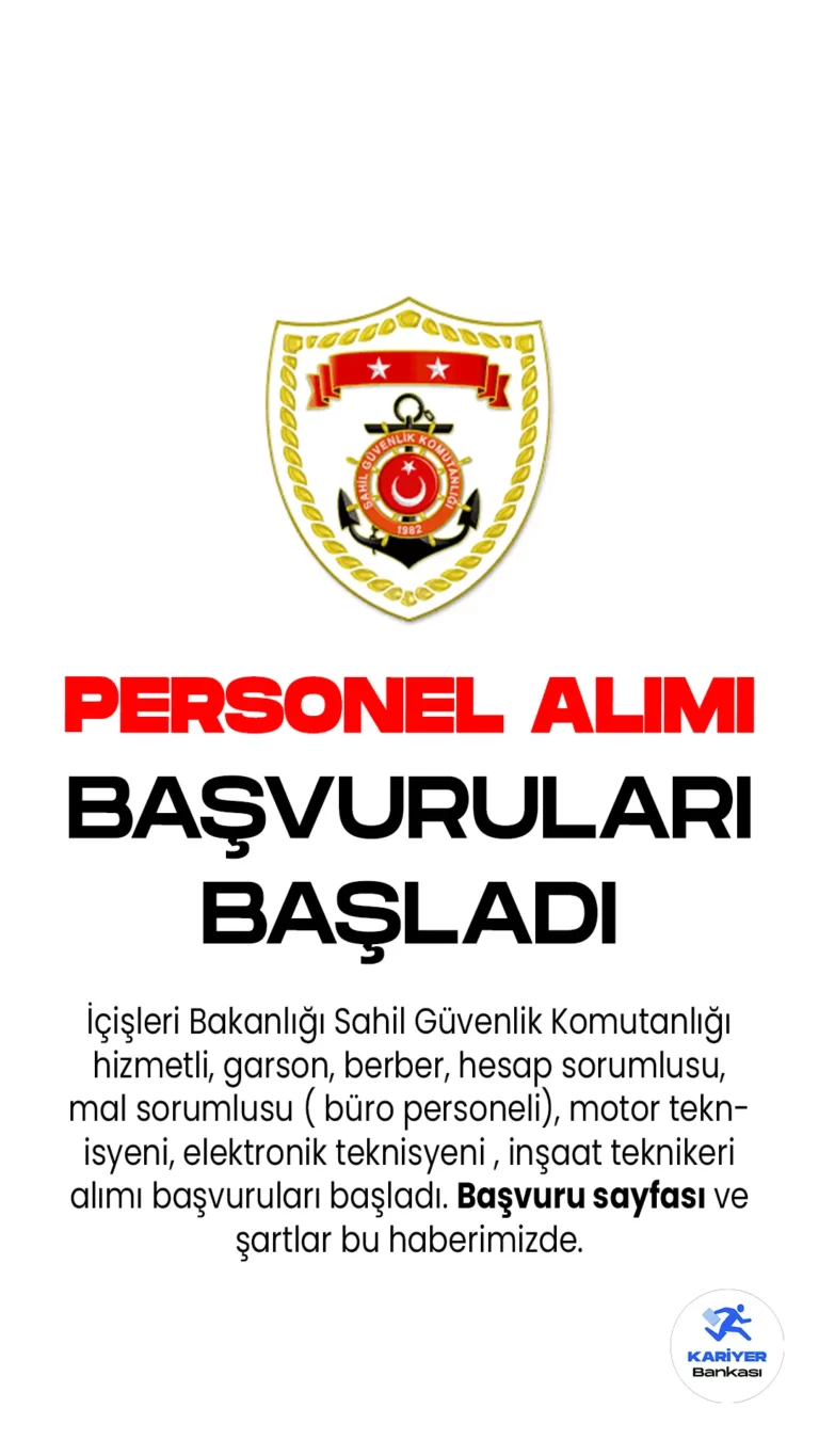 İçişleri Bakanlığı Sahil Güvenlik Komutanlığı 84 sözleşmeli personel alımı başvuruları alınacak. İlgili alım duyurusunda Sahil Güvenlik Komutanlığına  hizmetli, garson, berber, hesap sorumlusu, mal sorumlusu ( Büro personeli), motor teknisyeni, elektronik teknisyeni , inşaat teknikeri unvanlarında personel alımı yapılacağı aktarıldı.Başvurular 29 Mayıs 2023 tarihine kadar sürecek.Başvuru yapacak adayların belirtilen genel ve özel şartları dikkatle incelemesi gerektiği kaydedildi.