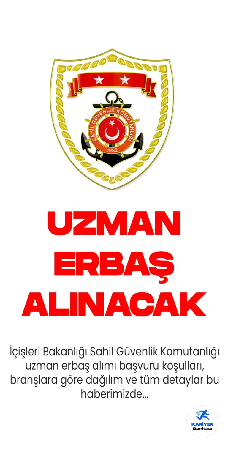 İçişleri Bakanlığı Sahil Güvenlik Komutanlığı 210 uzman erbaş alımı için 9 Mayıs'ta başlayan başvuru işlemleri 16 Mayıs'ta sona erecek.