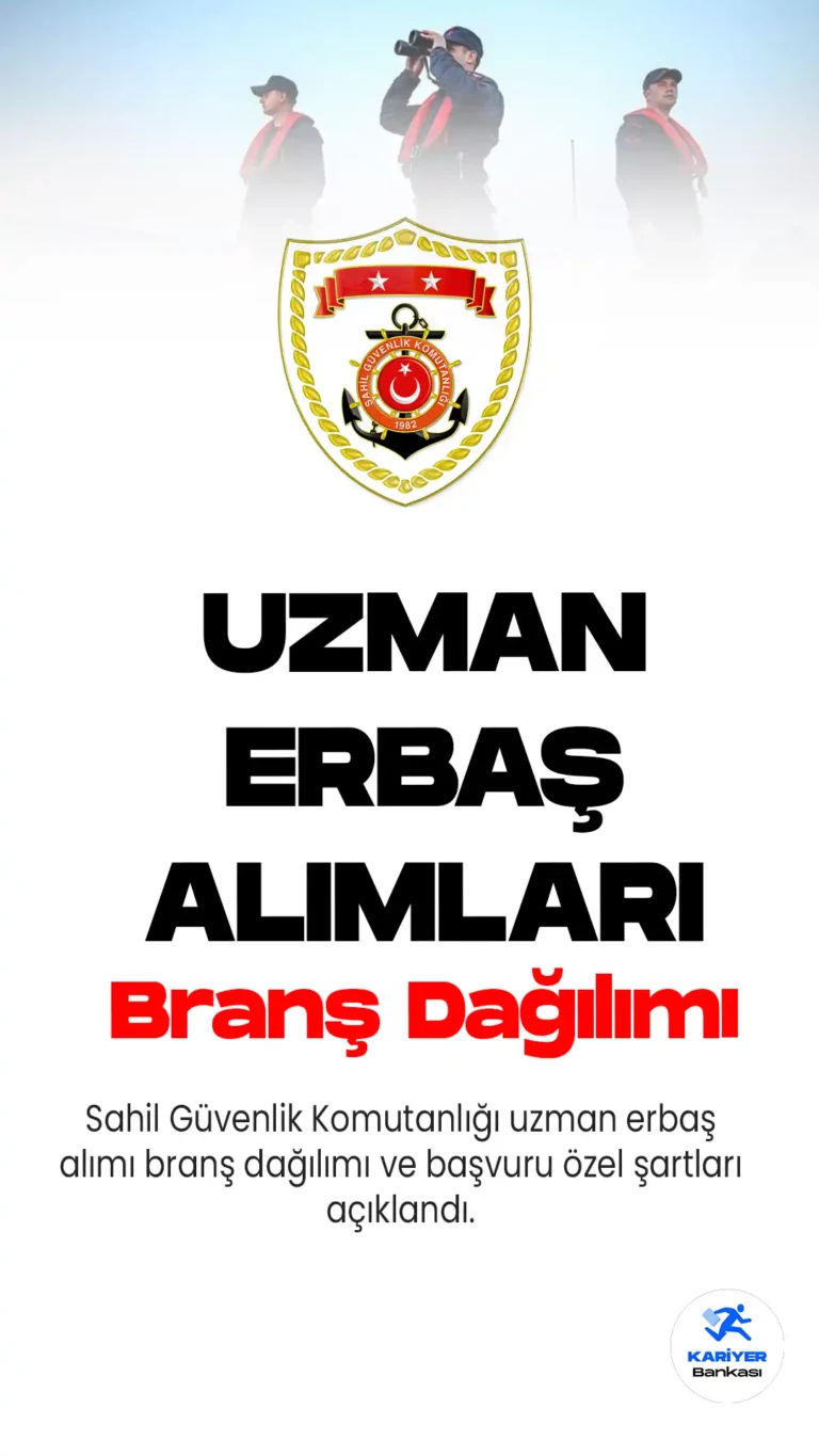 İçişleri Bakanlığı Sahil Güvenlik Komutanlığı 210 uzman erbaş alımı başvuru kılavuzu yayımlandı. Başvurular 9 Mayıs'ta başlayacak, 16 Mayıs'ta sona erecek.