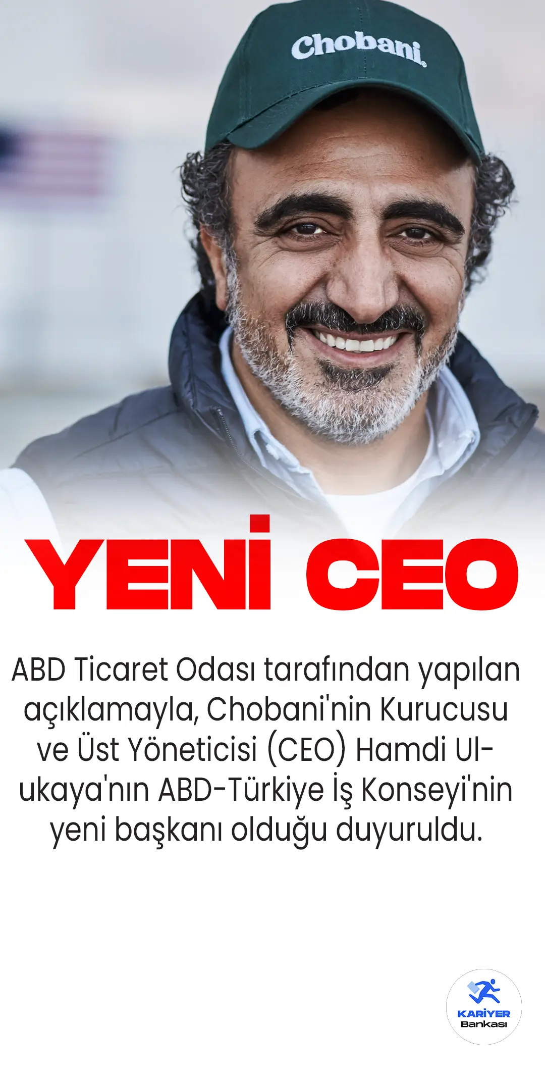 ABD Ticaret Odası tarafından yapılan açıklamayla, Chobani'nin Kurucusu ve Üst Yöneticisi (CEO) Hamdi Ulukaya'nın ABD-Türkiye İş Konseyi'nin yeni başkanı olduğu duyuruldu.