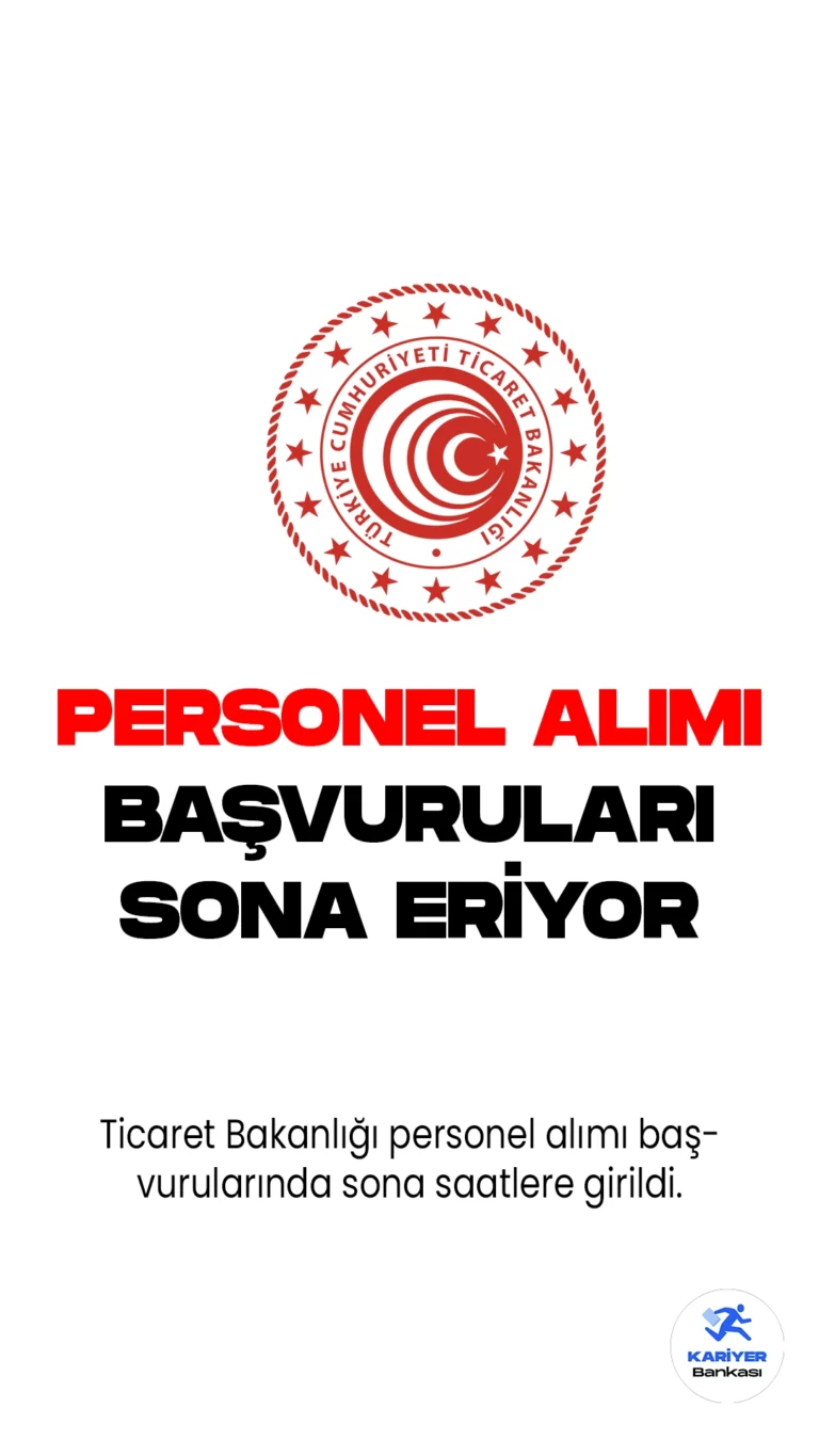 Ticaret Bakanlığı personel alımı başvurularında sona saatlere girildi. Cumhurbaşkanlığı SBB'de yayımlanan duyuruya göre, Bakanlığa kıdemli ağ uzmanı, bilgi güvenliği uzmanı, kıdemli bilgi uzmanı, sistem uzmanı, veri tabanı yöneticisi, kıdemli yazılım geliştirme ve alt yapı uzmanı, kıdemli yazılım geliştirme uzmanı, yazılım geliştirme uzmanı, kıdemli sistem uzmanı ve sistem uzmanı uncanlarında toplamda 15 sözleşmeli bilişim personeli alacak. Başvurular bugün(26 Haziran) saat 17:00'da sona erecek. Başvuru yapacak adayların şartları taşıması gerekmektedir.