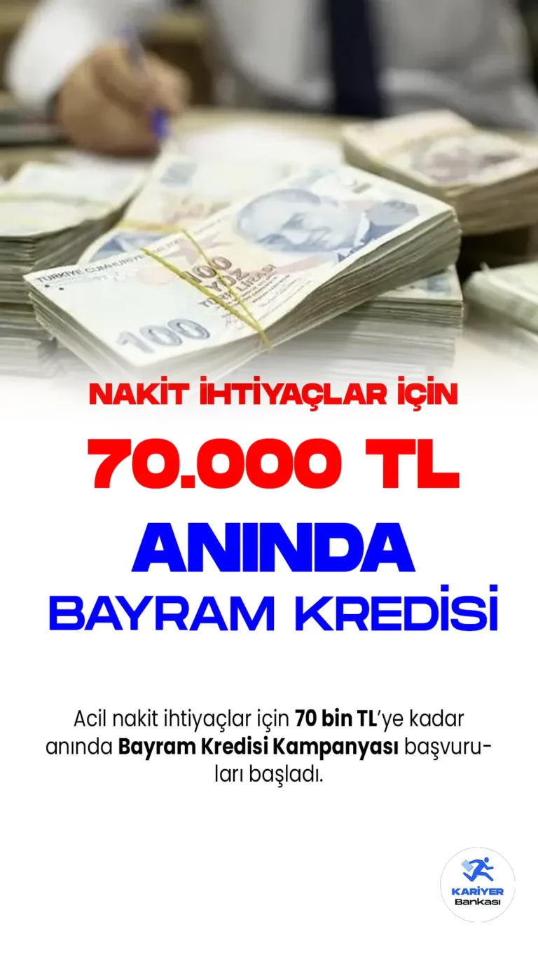 Türkiye İş Bankası'ndan Anında Bayram Kredisi Kampanyası.İş Bankası, acil nakit ihtiyaçlarını karşılamak isteyen müşterilerine özel fırsatlar sunuyor. Anında Bayram Kredisi ile 70.000 TL'ye kredi imkanı veriyor.Özel faiz oranlarıyla sunulan bu bireysel kredi, bayram harcamaları için pratik bir çözüm sunuyor.