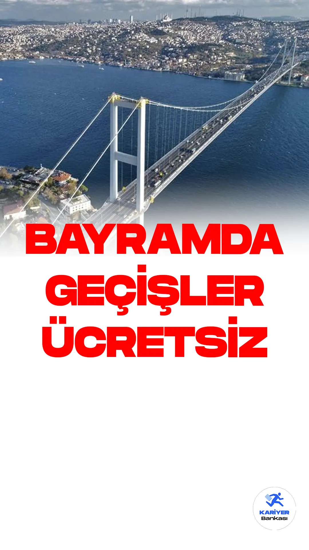 Kurban Bayramı Tatilinde Devlet İşletmesindeki Köprü ve Otoyollar Ücretsiz Olacak.Cumhurbaşkanı Recep Tayyip Erdoğan, Kurban Bayramı tatili süresince devlet işletmesindeki köprü ve otoyolların ücretsiz olacağını duyurdu. Bu karar, 24 Haziran gece yarısı başlayacak ve 3 Temmuz Pazartesi saat 07.00'ye kadar geçerli olacak. Başkentray, Marmaray ve İZBAN seferleri de bayram boyunca ücretsiz olacak.
