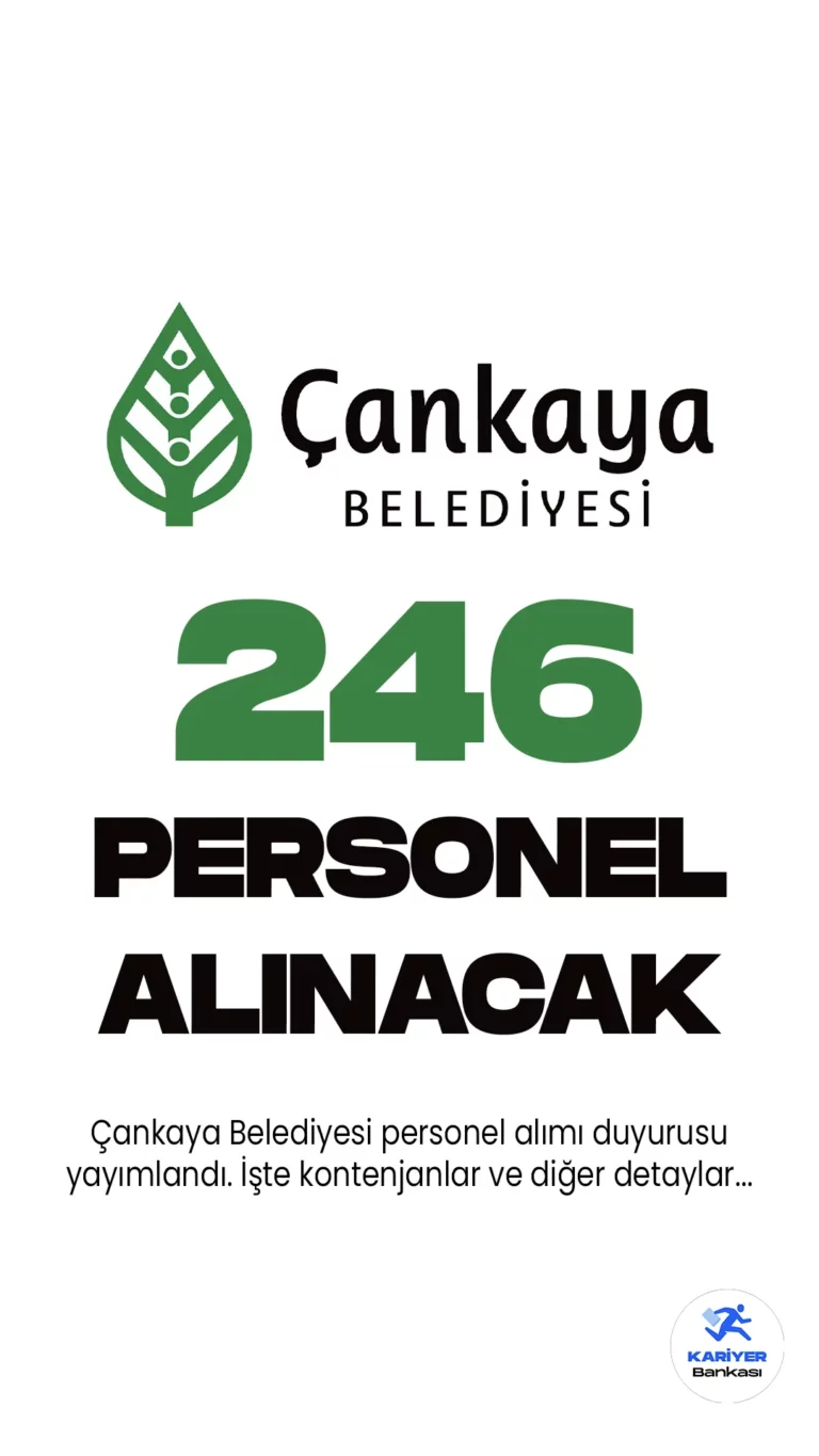 Çankaya Belediyesi 246 personel alacak. Türkiye İş Kurumu (İŞKUR) resmi sayfası üzerinden yayımlanan kurum dışı personel ve işçi alımı duyurularına göre, Çankaya Belediyesi Personel A.Ş. temizlik personeli, aşçı, mutfak görevlisi ve daha birçok farklı unvanda olmak üzere personel alımları yapacak. Başvurular 19 Haziran itibariyle başladı. Başvuru yapacak adayların belirtilen başvuru şartları dikkatle incelemesi gerekmektedir.