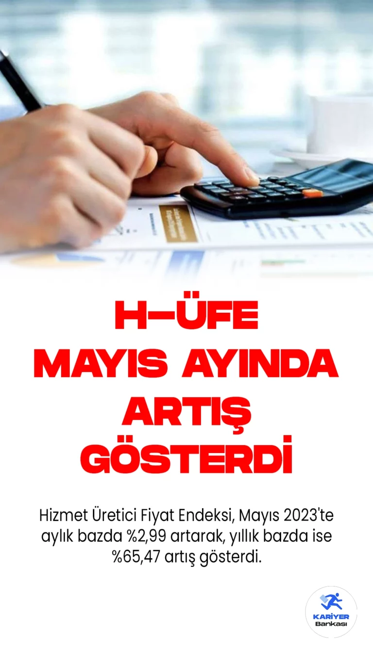 Hizmet Üretici Fiyat Endeksi, Mayıs 2023'te aylık bazda %2,99 artarak, yıllık bazda ise %65,47 artış gösterdi.