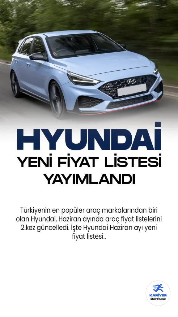 Hyundai Haziran 2023 Yeni Fiyat Listesi Yayımlandı. Türkiyenin en popüler araç markalarından biri olan Hyundai, Haziran ayında araç fiyat listelerini 2.kez güncelledi. İşte Hyundai Haziran ayı yeni fiyat listesi..