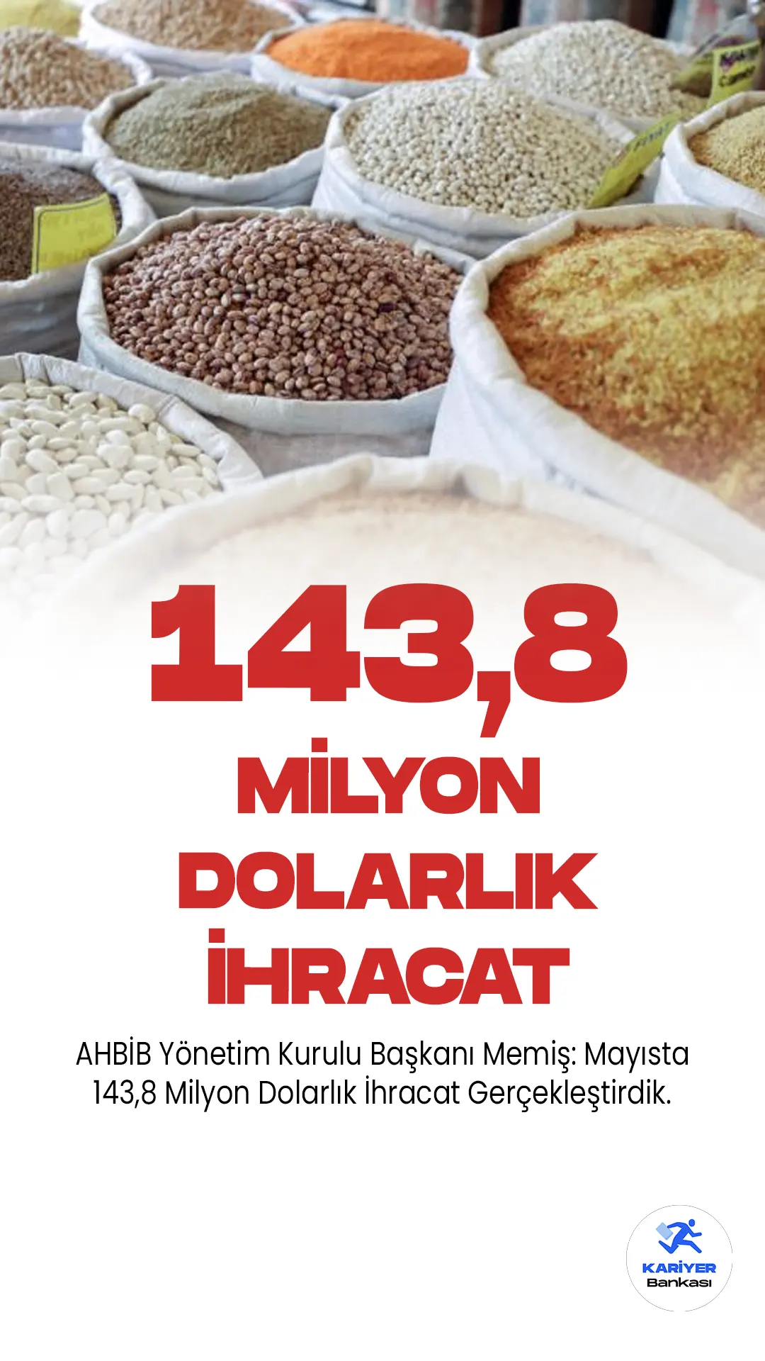 AHBİB Yönetim Kurulu Başkanı Memiş: Mayısta 143,8 Milyon Dolarlık İhracat Gerçekleştirdik.Akdeniz Hububat, Bakliyat, Yağlı Tohumlar ve Mamulleri İhracatçıları Birliği (AHBİB) Yönetim Kurulu Başkanı Veysel Memiş, sektörün mayıs ayında Türkiye geneli ihracatının 946,6 milyon dolar olduğunu belirtti. Memiş, AHBİB'in dış satımının söz konusu dönemde önemli bir artış gösterdiğini ifade etti.