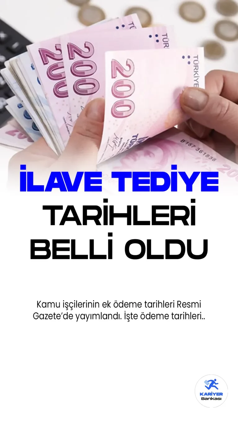 Kamuda Çalışan İşçilere 2023 Yılında Verilecek Ek Ödeme Tarihleri Belirlendi.Cumhurbaşkanı Recep Tayyip Erdoğan'ın imzasıyla yayımlanan karara göre, 6772 sayılı kanun kapsamına giren kurumlarda çalışan işçilere 2023 yılında verilecek ilave tediye sürelerinin belirlenmesi hakkındaki karar Resmi Gazete'de yayımlandı. Bu karar ile devlet ve bağlı müesseselerinde çalışan işçilere, ek ödemenin tarihleri belirlendi.