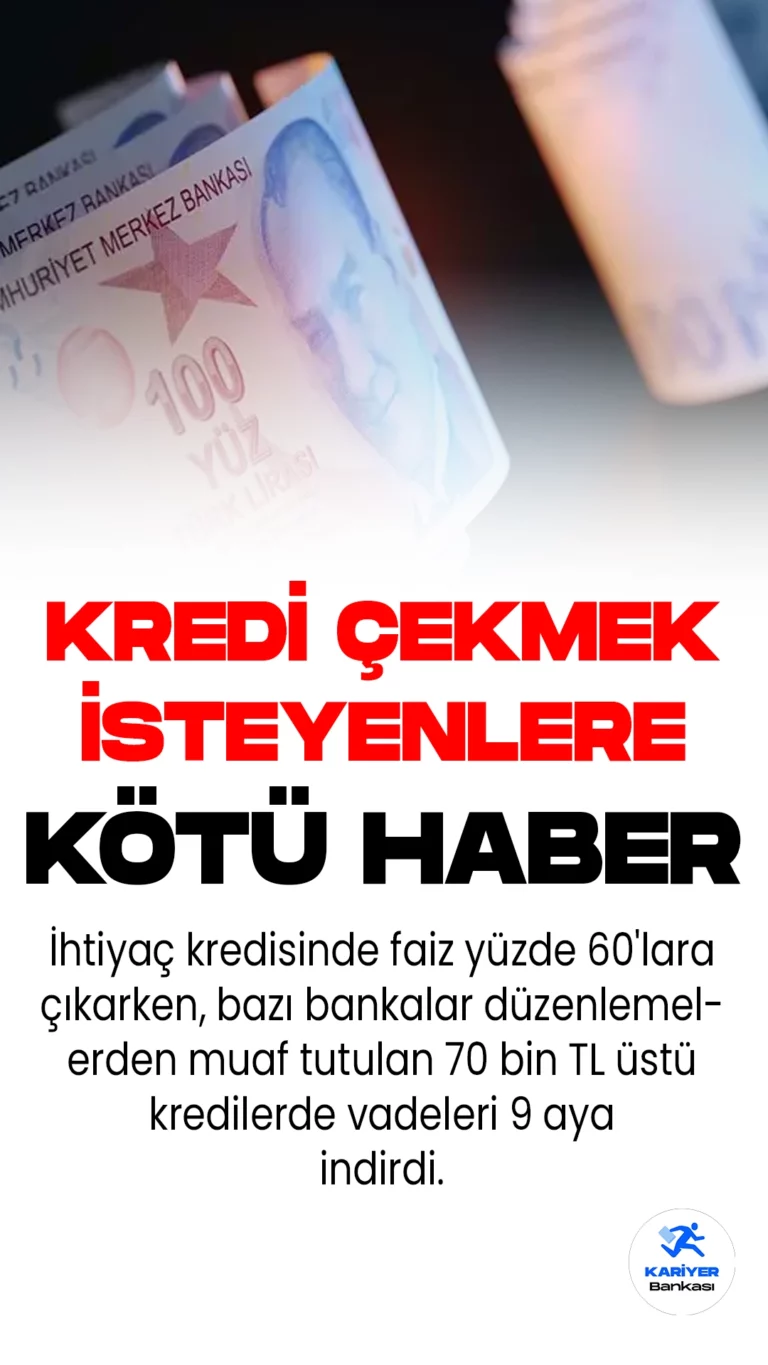 İhtiyaç kredisinde faiz yüzde 60'lara çıkarken, bazı bankalar düzenlemelerden muaf tutulan 70 bin TL üstü kredilerde vadeleri 9 aya indirdi.