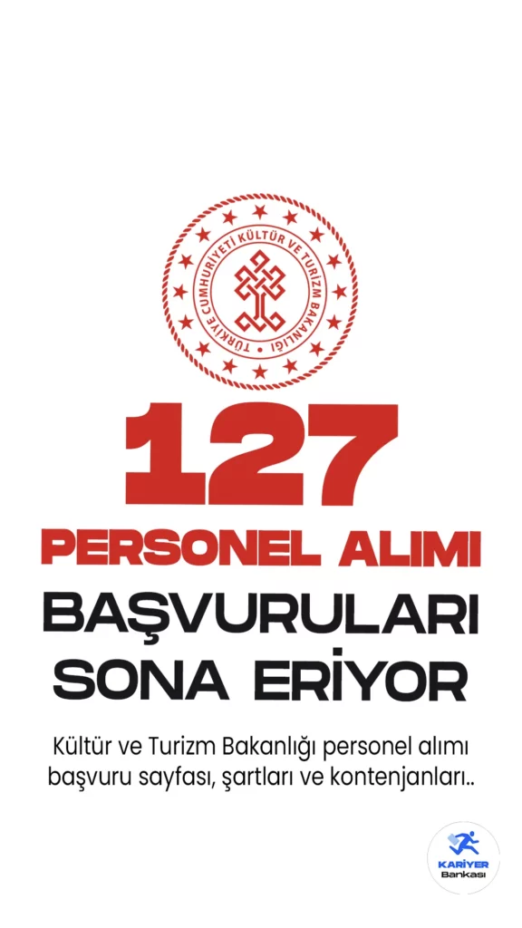 Kültür ve turizm Bakanlığı personel alımı başvuru işlemleri 9 Haziran'da sona eriyor. 12 Mayıs'da yayımlanan ilgili alım duyurusunda, Bakanlığa temizlik personeli, büro personeli, koruma ve güvenlik görevlisi unvanlarında sözleşmeli personel alımı yapılacağı aktarılırken, başvuru yapacak adayların belirtilen başvuru şartlarını taşıması gerektiği kaydedildi.