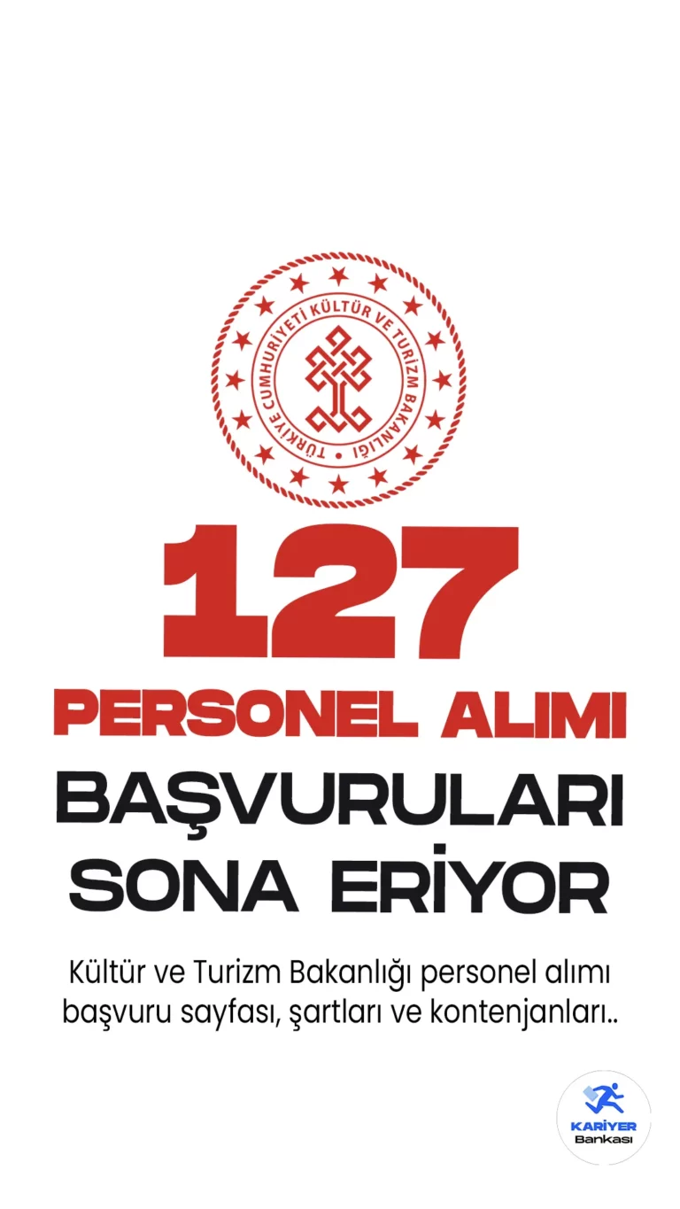 Kültür ve turizm Bakanlığı personel alımı başvuru işlemleri 9 Haziran'da sona eriyor. 12 Mayıs'da yayımlanan ilgili alım duyurusunda, Bakanlığa temizlik personeli, büro personeli, koruma ve güvenlik görevlisi unvanlarında sözleşmeli personel alımı yapılacağı aktarılırken, başvuru yapacak adayların belirtilen başvuru şartlarını taşıması gerektiği kaydedildi.