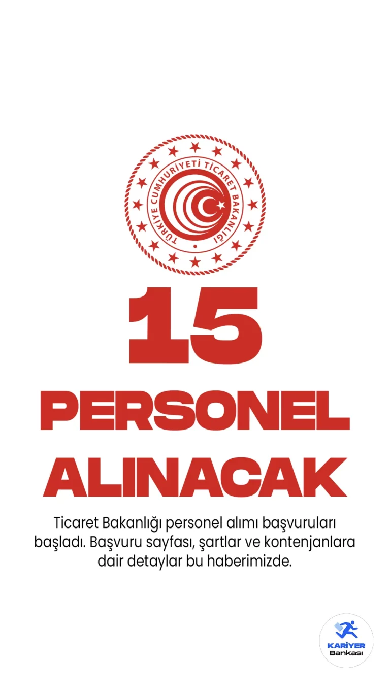 Ticaret Bakanlığı 15 personel alımı yapacak. Cumhurbaşkanlığı SBB Kamu ilan sitesinde yayımlanan duyuruya göre, Ticaret Bakanlığına kıdemli ağ uzmanı, bilgi güvenliği uzmanı, kıdemli bilgi uzmanı, sistem uzmanı, veri tabanı yöneticisi, kıdemli yazılım geliştirme ve alt yapı uzmanı, kıdemli yazılım geliştirme uzmanı, yazılım geliştirme uzmanı, kıdemli sistem uzmanı ve sistem uzmanı uncanlarında toplamda 15 sözleşmeli bilişim personeli alacak. Başvurular bugün (16 Haziran) itibariyle başladı. Başvuru işlemleri 26 Haziran 2023 tarihine kadar sürecek.