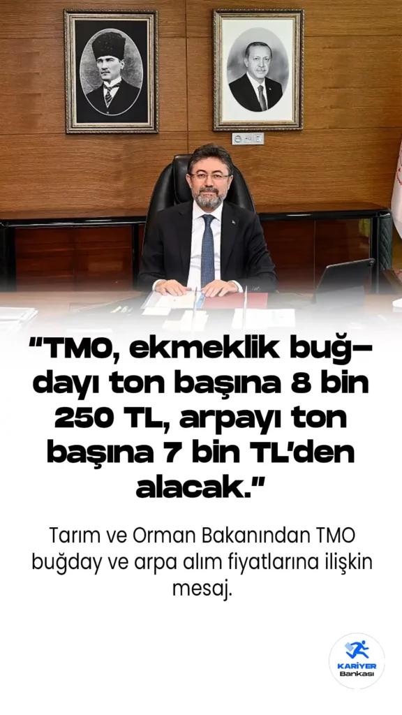 TMO buğday ve arpa alım fiyatlarına ilişkin Tarım ve Orman Bakanı İbrahim Yumaklı sosyal medya hesabından hayırlı olsun mesajı yayımladı.