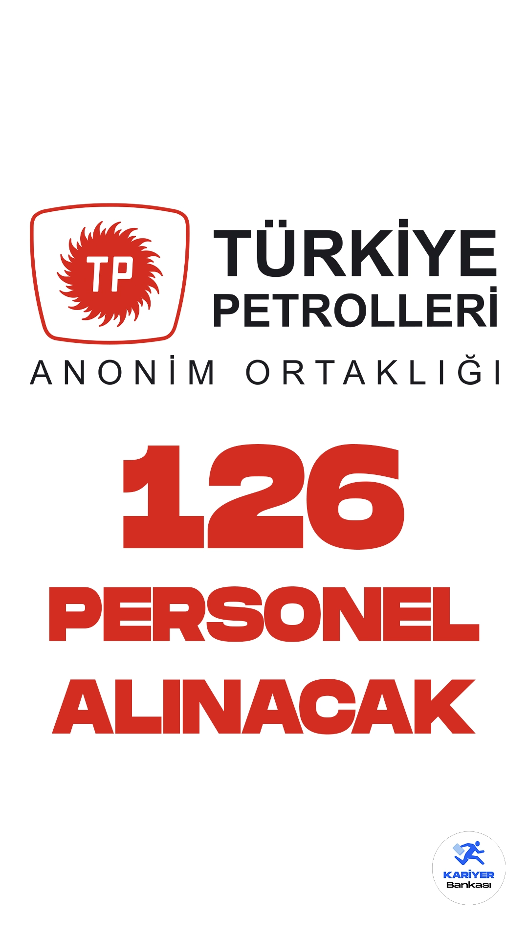 Türkiye Petrolleri Anonim Ortaklığı (TPAO) 126 personel alımı yapacak. Resmi Gazete ve Cumhurbaşkanlığı SBB'de yayımlanan duyuruda, TPAO'ya üretim operatör yardımcısı, elektrikçi, malzeme eksperi-, harita teknisyeni, bakım onarımcı, servis görevlisi, inşaat teknisyeni, tesisatçı, iş güvenliği teknisyeni, denetim ve kontrol sorumlusu, sistem destekçisi, arşivci, araç takip sorumlusu tedarik ve lojistik görevlisi, sosyal tesis görevlisi, elektronikçi, laboratuvar sorumlusu, ağır vasıta operatör yardımcısı, güç sistemleri mekanik operatörü unvanlarında olmak üzere 126 personel alınacağı aktarıldı.Başvuru yapacak adayların belirtilen şartları dikkatle incelemesi gerekmektedir.