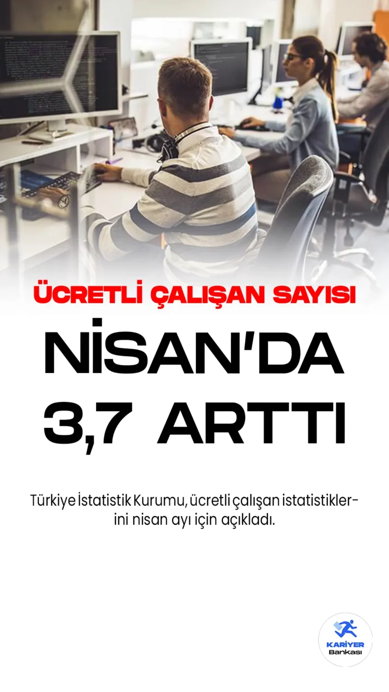 Ücretli Çalışan Sayısı Nisanda Geçen Yılın Aynı Ayına Göre Yüzde 3,7 Arttı.Türkiye İstatistik Kurumu, ücretli çalışan istatistiklerini nisan ayı için açıkladı. Sanayi, inşaat ve ticaret-hizmet sektörleri toplamında, nisan 2022'de 13 milyon 997 bin 517 olan ücretli çalışan sayısı, bu yılın nisanda %3,7'lik bir artışla 14 milyon 516 bin 688 kişiye yükseldi.