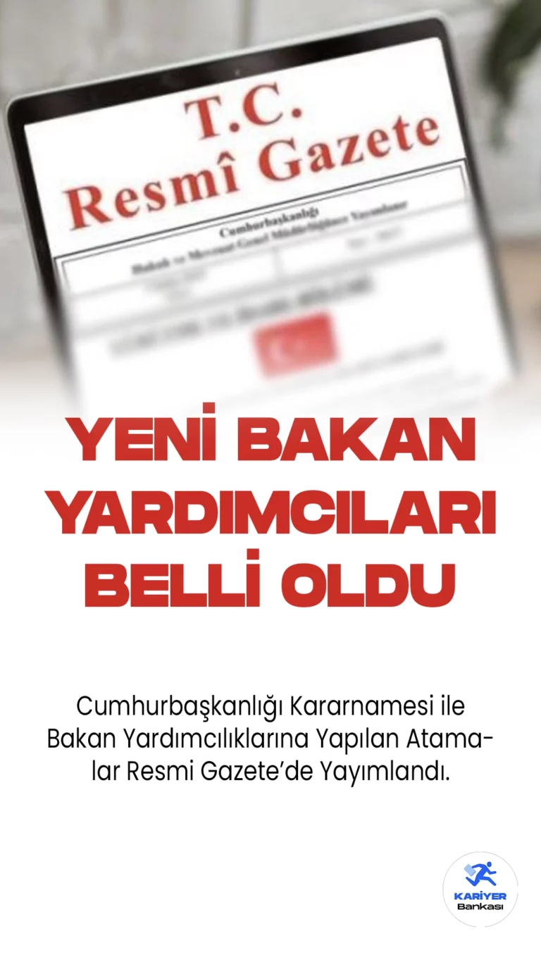 Cumhurbaşkanlığı Kararnamesi ile Bakan Yardımcılıklarına Atamalar Yapıldı.Adalet Bakanlığı, Aile ve Sosyal Hizmetler Bakanlığı, Çalışma ve Sosyal Güvenlik Bakanlığı, Çevre, Şehircilik ve İklim Değişikliği Bakanlığı, İçişleri Bakanlığı, Kültür ve Turizm Bakanlığı, Milli Eğitim Bakanlığı, Milli Savunma Bakanlığı, Sağlık Bakanlığı, Hazine ve Maliye Bakanlığı, Sanayi ve Teknoloji Bakanlığı, Tarım ve Orman Bakanlığı, Ticaret Bakanlığı, Ulaştırma ve Altyapı Bakanlığı, Enerji ve Tabii Kaynaklar Bakanlığı'na yeni bakan yardımcıları atandı.