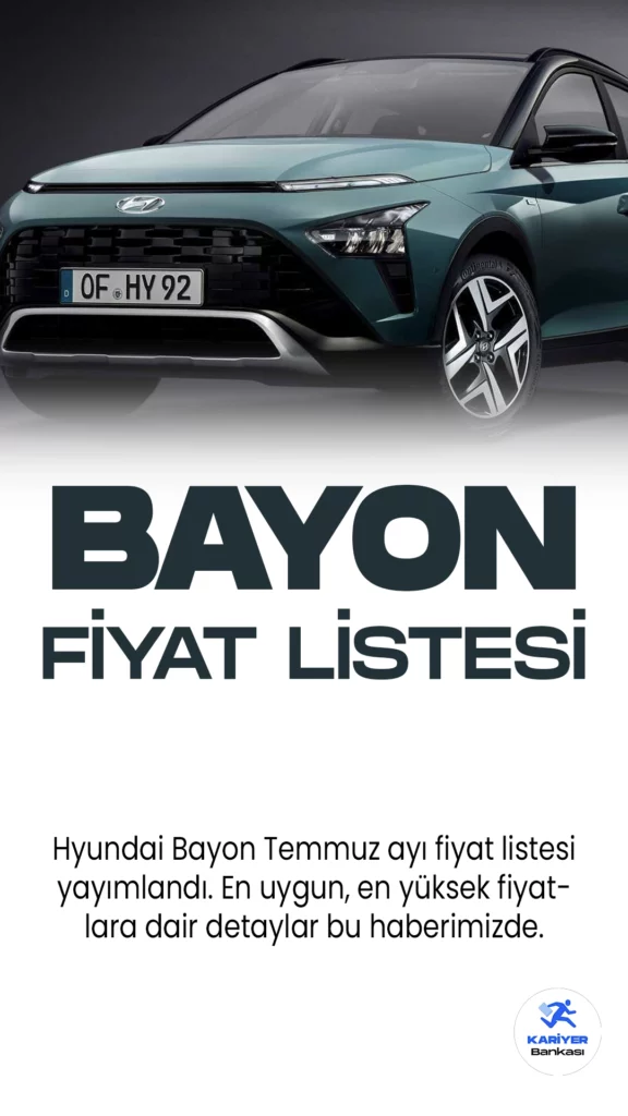 Hyundai Bayon Temmuz Fiyat Listesi Yayımlandı.Hyundai, kompakt crossover modeli Bayon modelinin fiyat listesini güncelledi. Bayon, dinamik tasarımı ve üstün performansıyla dikkat çekiyor. Aracın sportif hatları, keskin farları ve geniş ızgarasıyla modern bir görünüm sunuyor. İç mekanda ferah bir yaşam alanı sunan Bayon, yüksek kaliteli malzemelerle donatılmış ergonomik bir kabin sunuyor. Gelişmiş güvenlik özellikleriyle donatılan araç, çevresel sensörler ve akıllı kör nokta uyarı sistemleri gibi sürücü yardımcı teknolojilerine sahip. Bayon, çevre dostu motor seçenekleriyle de öne çıkıyor ve düşük emisyon değerleriyle çevreye duyarlı bir sürüş deneyimi sunuyor. Kompakt boyutları ve pratik kullanım özellikleriyle Bayon, şehir içi hareketlilik için ideal bir seçenek olarak öne çıkıyor.