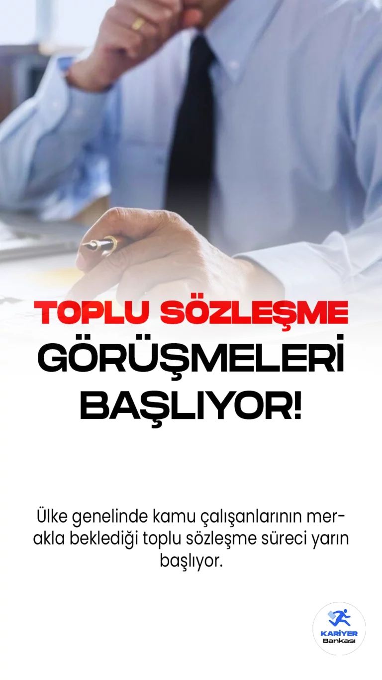 Kamu Çalışanlarının Toplu Sözleşme Görüşmeleri 1 Ağustos'ta Başlıyor!Ülke genelinde kamu çalışanlarının merakla beklediği toplu sözleşme süreci yarın başlıyor. Hükümet ile sendikaların temsilcilerinin katılacağı ilk toplantı, Çalışma ve Sosyal Güvenlik Bakanlığı'nda gerçekleşecek. Bu toplantıda kamu çalışanlarının talepleri dile getirilecek ve görüşme takvimi belirlenecek.