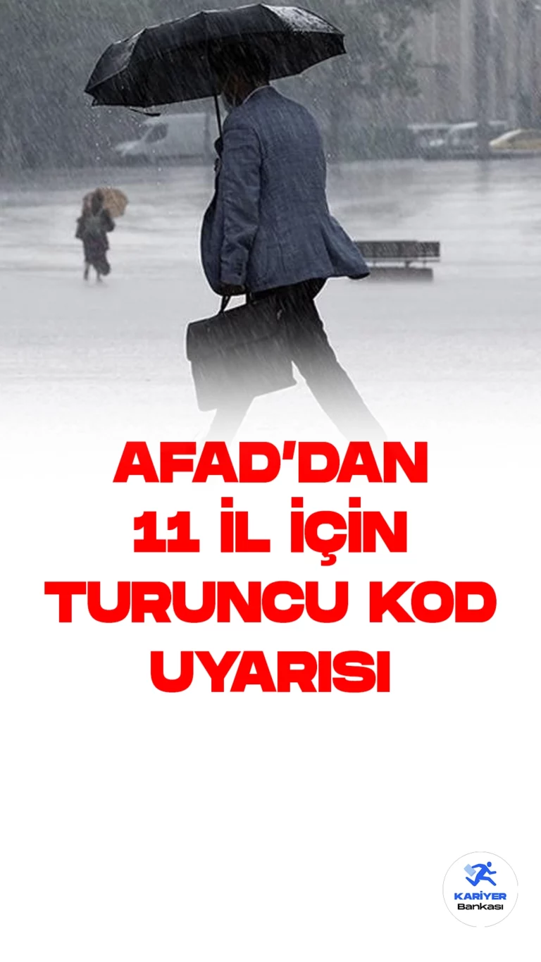 AFAD'dan 11 İl İçin "Turuncu Kod"lu Sağanak Uyarısı.Afet ve Acil Durum Yönetimi Başkanlığı (AFAD), sağanak ve gök gürültülü sağanak nedeniyle 11 il için "turuncu kod"lu uyarıda bulundu.