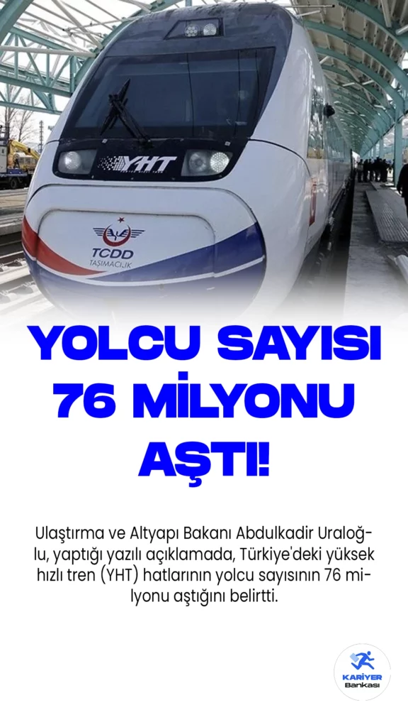 Yüksek Hızlı Tren Yolcu Sayısı 76 Milyonu Geçti!Ulaştırma ve Altyapı Bakanı Abdulkadir Uraloğlu, yaptığı yazılı açıklamada, Türkiye'deki yüksek hızlı tren (YHT) hatlarının yolcu sayısının 76 milyonu aştığını belirtti. Bakan Uraloğlu, YHT'nin hizmete girmesiyle birlikte ülkenin ulaşım sektöründe önemli bir adım attığını vurguladı.