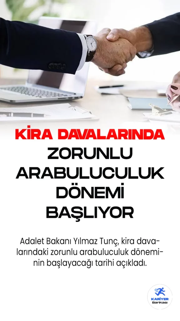 Adalet Bakanı Yılmaz Tunç, Kira Davalarında Zorunlu Arabuluculuk Uygulamasının 1 Eylül'de Başlayacağını Duyurdu.Adalet Bakanı Yılmaz Tunç, kira davalarındaki zorunlu arabuluculuk döneminin 1 Eylül'de başlayacağını açıkladı. Yapılan düzenleme ile mahkemelerin iş yükünün azalacağını belirten Tunç, gazetecilerin sorularını Kabine Toplantısı sonrasında yanıtladı.