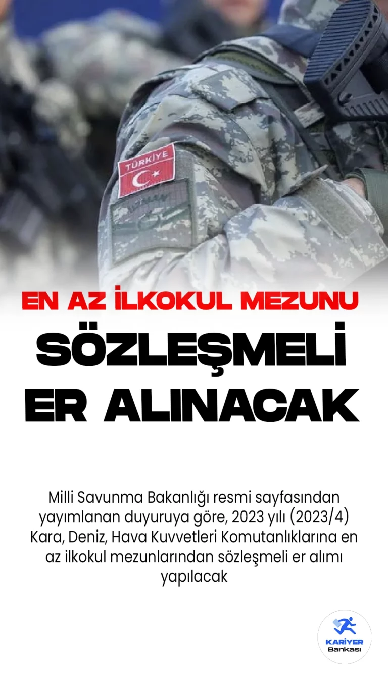 En Az İlkokul Mezunu Sözleşmeli Er Alımı Başvuruları Sürüyor. Milli Savunma Bakanlığı resmi sayfasından yayımlanan duyuruya göre, 2023 yılı (2023/4) Kara, Deniz, Hava Kuvvetleri Komutanlıklarına en az ilkokul mezunlarından sözleşmeli er alımı yapılacak.Başvurular 21 Ağustos itibarıyla alınmaya başladı. Başvuru yapacak adayların belirtilen şartları dikkatle incelemesi gerekmektedir.