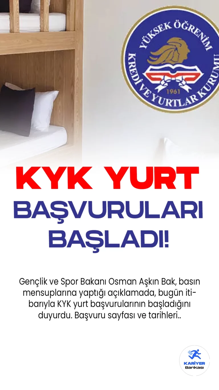 KYK Yurt Başvuruları Başladı.Gençlik ve Spor Bakanı Osman Aşkın Bak, basın mensuplarına yaptığı açıklamada, bugün itibarıyla KYK yurt başvurularının başladığını duyurdu.