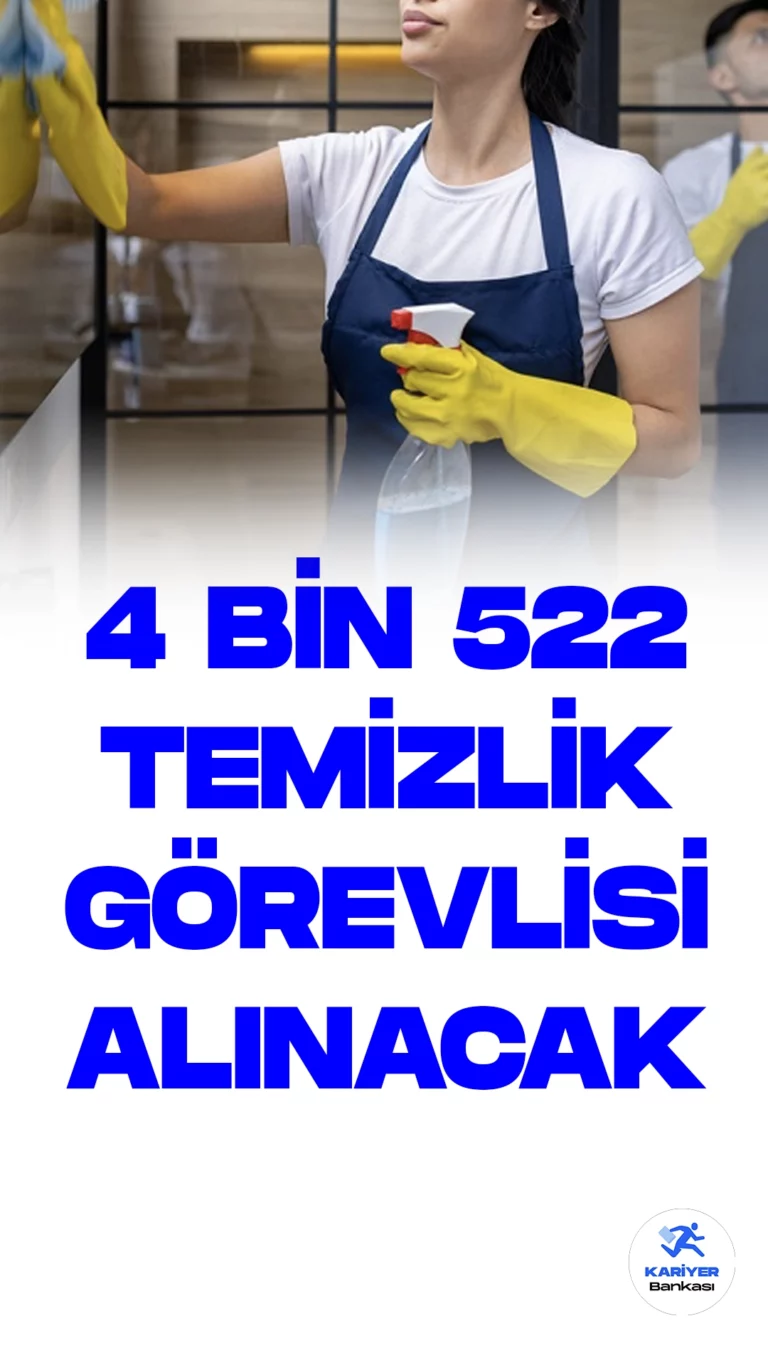 İŞKUR üzerinden temizlik görevlisi alımı duyuruları art arda yayımlandı. Özel sektör firmaları tarafından yayımlanan duyurulara göre, 4 bin 522 temizlik görevlisi alımı yapılacak. Başvuru yapacak adaylarda en az ilkokul mezuniyet şartı aranıyor. Her firmanın başvuru şartları farklılık gösterebilir. Adayların şartları dikkatle incelemesi gerekmektedir.