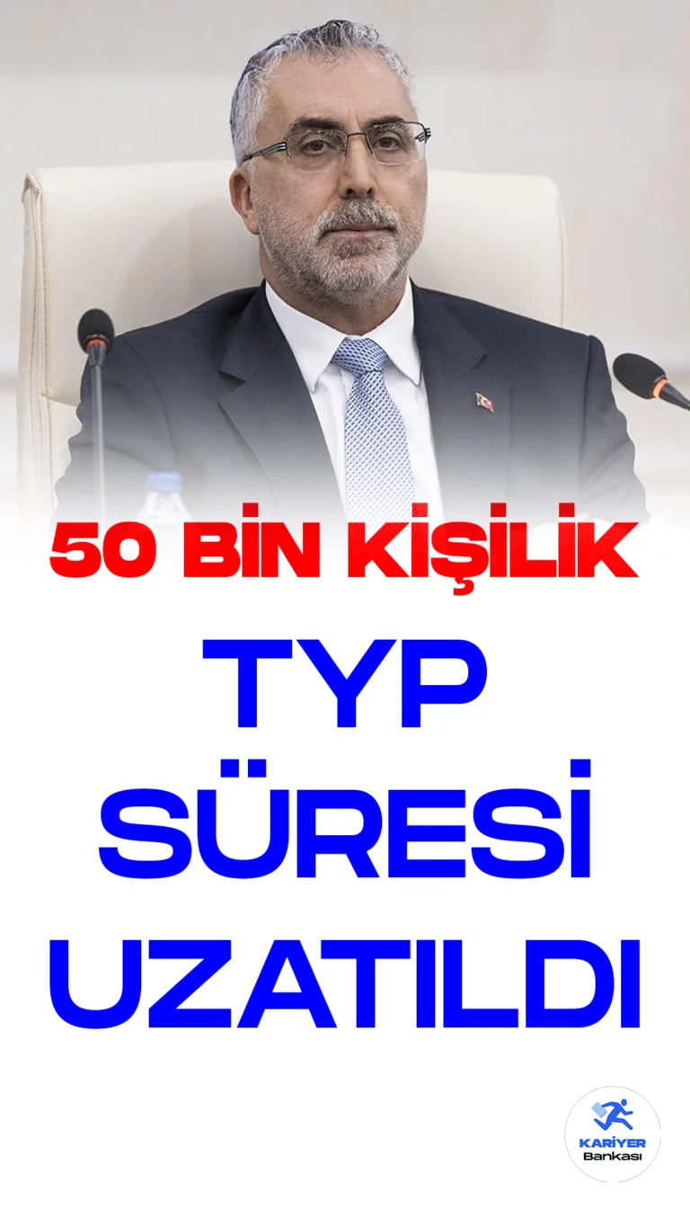 50 Bin Kişilik TYP Süresi Uzatıldı.Çalışma ve Sosyal Güvenlik Bakanı Vedat Işıkhan, Kahramanmaraş merkezli depremlerden etkilenen illerde vatandaşların ihtiyaçlarını karşılamak ve kamu hizmetlerinin sürdürülebilirliğini sağlamak amacıyla 50 Bin Kişilik Toplum Yararına Program Süresini 9 Ay Uzattı.