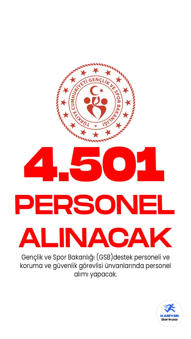 Gençlik ve Spor Bakanlığı (GSB) personel alımı duyurusu yayımlandı. Resmi Gazete'nin 25 Ağustos 2023 tarihli sayında yayımlanan duyuruya göre, GSB'ye koruma ve güvenlik görevlisi, destek personeli( bakım-onarım elektrik tesisatçısı, sıhhi tesisatçı, havuz suyu operatörü, iklimlendirme personeli,) ünvanlarında 4501 sözleşmeli personel alımı yapılacak. Başvurular 28 Ağustos'ta başlayacak. Başvuru ekranı açılınca bildirimle haberdar olmak için tıkla ücretsiz indir.