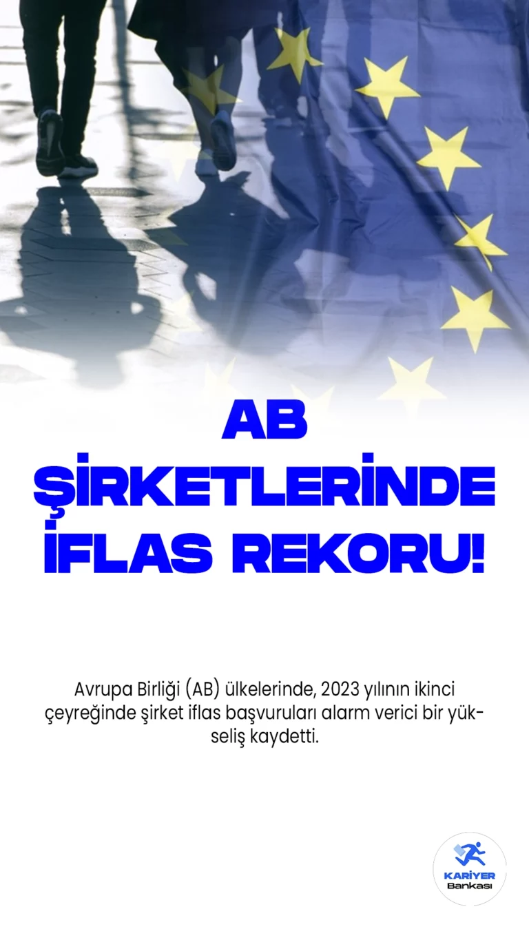 AB Ülkelerinde Şirket İflas Başvuruları Rekor Seviyeye Ulaştı.Avrupa Birliği (AB) ülkelerinde, 2023 yılının ikinci çeyreğinde şirket iflas başvuruları alarm verici bir yükseliş kaydetti. Avrupa İstatistik Ofisi (Eurostat), 2023 yılı ikinci çeyreğine ait şirket iflas verilerini paylaştı.