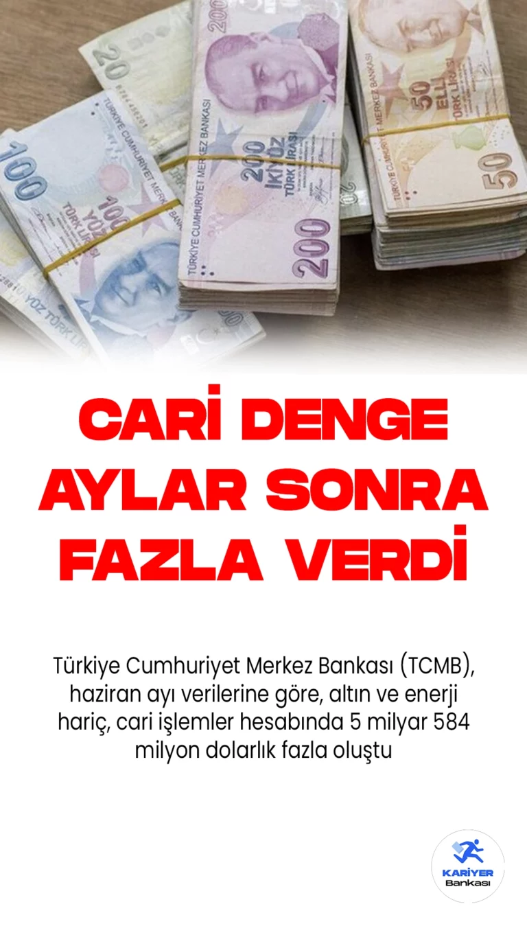 Cari İşlemler Hesabı 20 Ay Sonra Fazla Verdi.Türkiye Cumhuriyet Merkez Bankası (TCMB), haziran ayı verilerine göre, altın ve enerji hariç, cari işlemler hesabında 5 milyar 584 milyon dolarlık fazla oluştu. Bu, Türkiye'nin cari işlemler hesabının Ekim 2021'den bu yana ilk kez fazla verdiğini gösteriyor.
