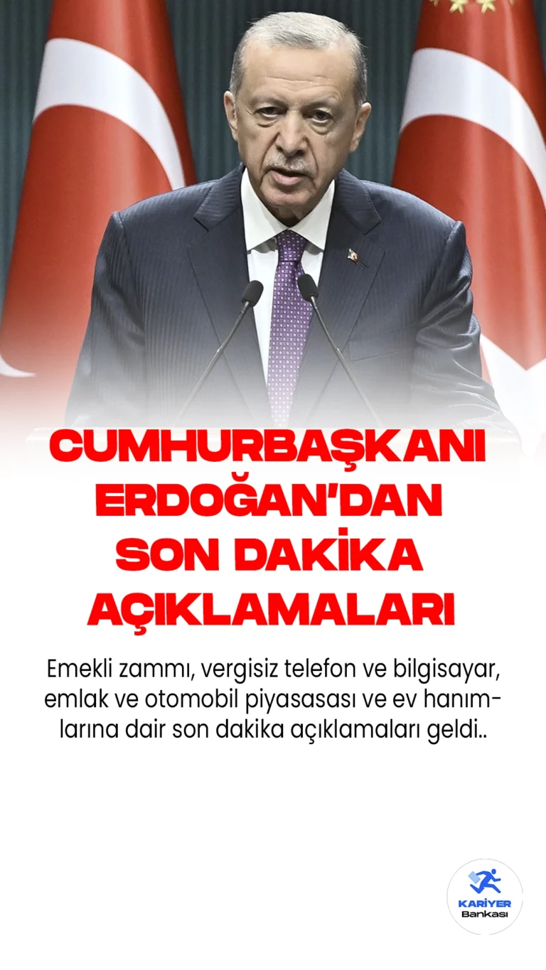 Cumhurbaşkanı Erdoğan'dan Emekli Zammı, Vergisiz Telefon, Emlak ve Otomobil Piyasasına Dair Açıklamalar.Cumhurbaşkanı Recep Tayyip Erdoğan, ülkenin emlak, kira ve otomobil piyasalarının mevcut durumuna ilişkin önemli açıklamalarda bulundu. Erdoğan, emlak ve kira sektörlerinin yakın bir zamanda dengeye kavuşacağını vurgularken, otomobil piyasasının da yavaş yavaş düşüşe geçtiğine dikkat çekti. Aynı zamanda emeklilerden gelen serzenişlerin hükümetin radarında olduğunu belirterek, bu konuda yıl sonuna kadar gerekli adımların atılacağının altını çizdi.