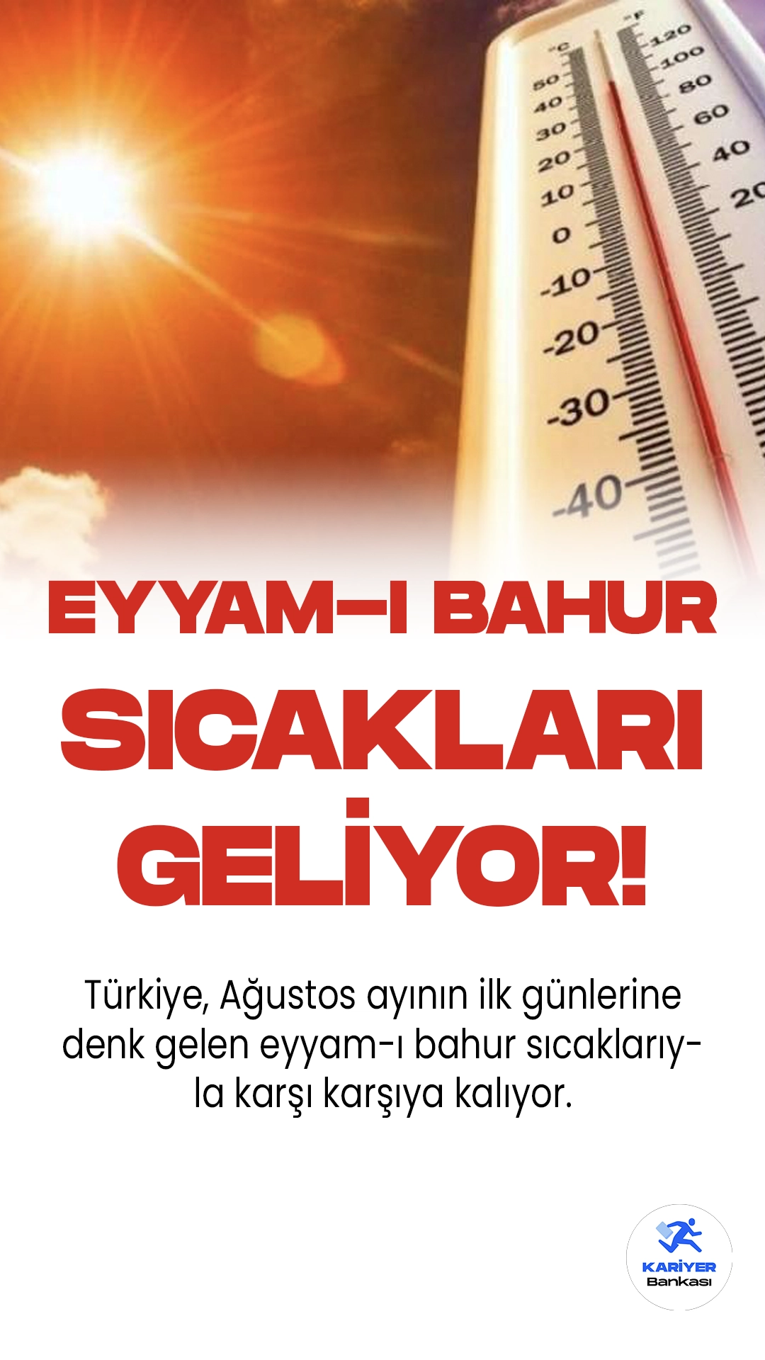 Yaz Mevsiminin En Sıcak Günleri Yaşanacak: Eyyam-ı Bahur Sıcakları Türkiye'yi Etkisi Altına Alıyor.Türkiye, Ağustos ayının ilk günlerine denk gelen eyyam-ı bahur sıcaklarıyla karşı karşıya kalıyor. 'Çöl sıcakları', 'cehennem sıcakları' ve 'Afrika sıcakları' olarak da bilinen eyyam-ı bahur, özellikle ülkenin güney ve batı bölgelerinde etkisini gösterecek. Meteoroloji uzmanları, bu yıl sıcaklık rekorlarının kırılacağını öngörüyor.