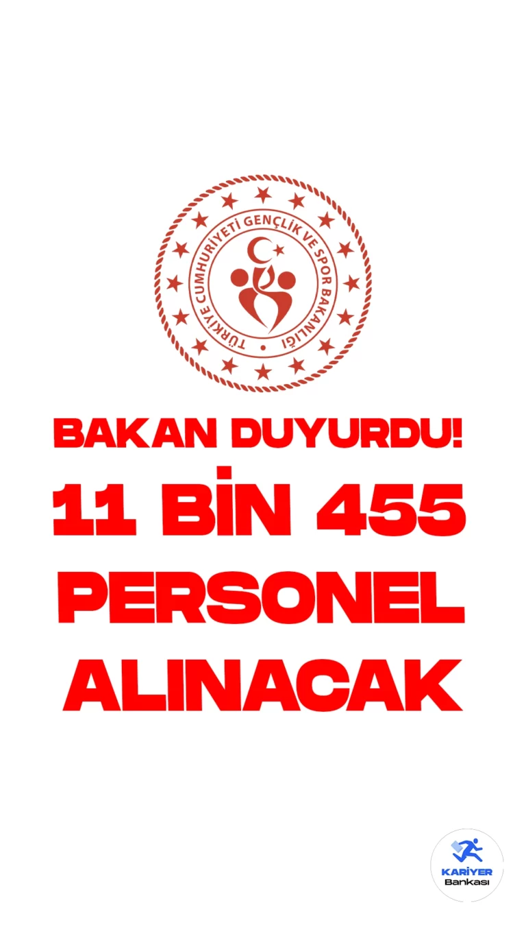 Gençlik ve Spor Bakanlığı 11 Bin 455 Personel Alımı Yapacak. Gençlik ve Spor Bakanı Dr. Osman Aşkın Bak sosyal medya hesabı X üzerinden yayımladığı duyuruda, Bakanlık bünyesine 3.295 büro personeli, 4.138 destek personeli, 3.622 koruma ve güvenlik görevlisi, 400 psikolog olmak üzere toplamda 11 bin 455 personel alımı hazırlıklarında olduklarını ve detayların kısa sürede Resmi Gazete'de yayımlanacağını duyurdu.
