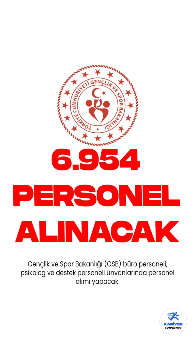 Gençlik ve Spor Bakanlığı (GSB) personel alımı duyurusu Resmi Gazete'de yayımlandı. 25 Ağustos 2023 tarihli yayımlanan duyuruda, Bakanlığa büro personeli, psikolog, destek personeli(temizlik) ünvanlarında olmak üzere 6 bin 954 sözleşmeli personel alımı yapılacağı aktarılırken, başvuruların 28 Ağustos'ta başlayacağı kaydedildi. Başvuru ekranı açılınca bildirimle haberdar olmak için tıkla ücretsiz indir.