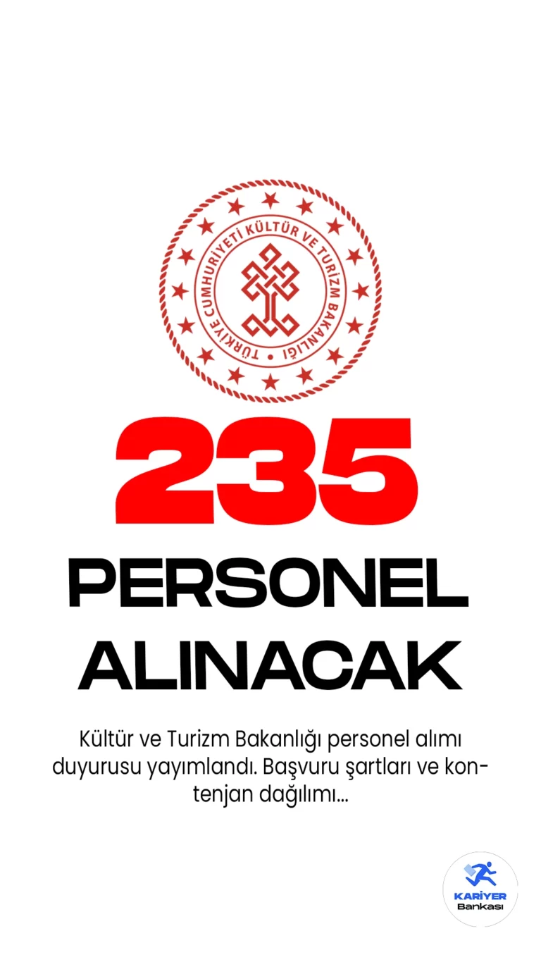 Kültür ve Turizm Bakanlığı personel alımı duyurusu yayımlandı. Cumhurbaşkanlığı Strateji ve Bütçe Başkanlığı Kamu ilan sayfasından yayımlana duyuruya göre, Kültür ve Turizm Bakanlığına mimar, mühendis, şehir plancısı, arkeolog, müze araştırmacısı, kütüphaneci, tekniker ve teknisyen ünvanlarında olmak üzere 235 sözleşmeli personel alımı yapılacak.