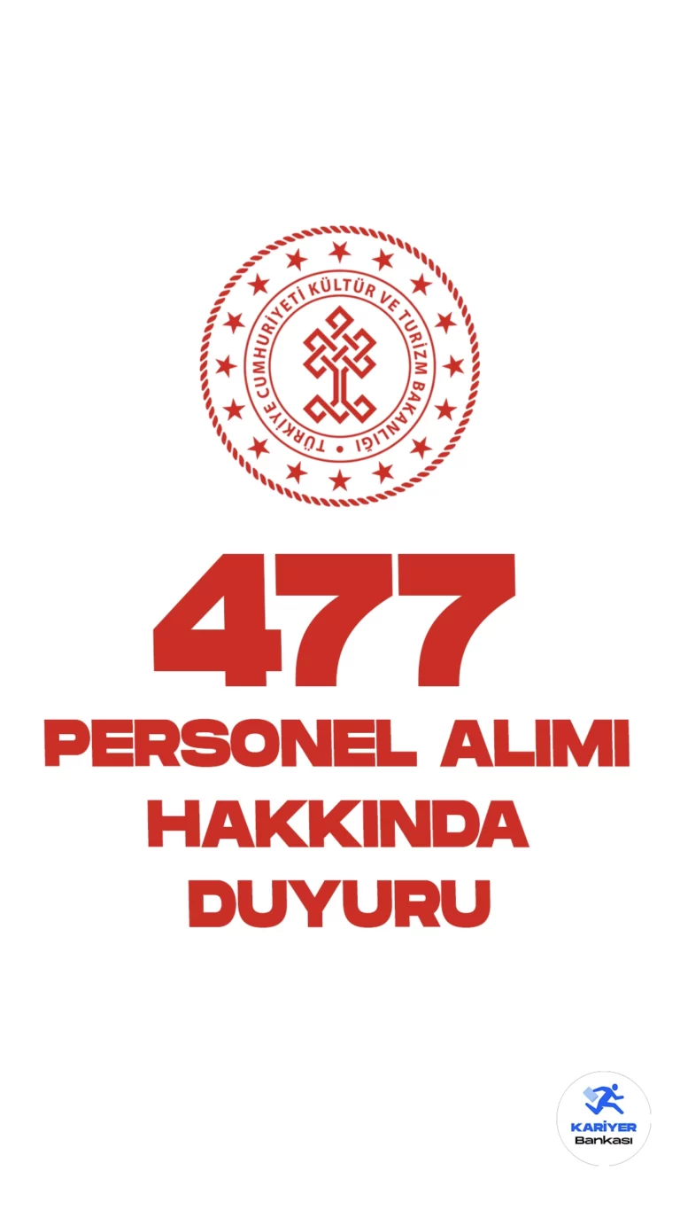 Kültür ve Turizm Bakanlığı 477 Personel Alımı Hakkında Duyuru Yayımlandı. Kültür ve Turizm Bakanlığı resmi sayfasından yayımlanan duyurulara göre, Bakanlığa 171, 165, 127 ve 14 personel olmak üzere toplamda 477 personel alımı kapsamında, atamaya esas belgelerini teslim etmeyen, feragat eden ve kriterleri tutmayan adayların yerine yerleştirilen adayların evraklarını 6 Eylül 2023 tarihine kadar Bakanlık tarafından belirtilen adrese teslim etmeleri gerektiği aktarıldı.