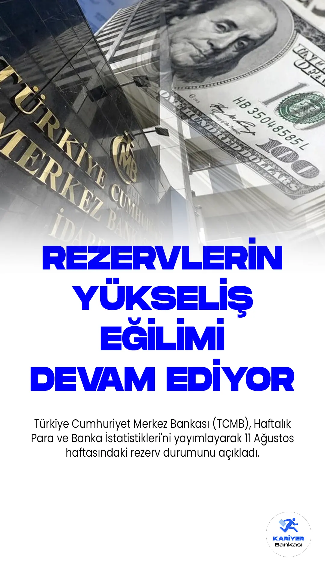 Merkez Bankası'nın Toplam Rezervleri 9 Haftadır Artış Gösteriyor.Türkiye Cumhuriyet Merkez Bankası (TCMB), Haftalık Para ve Banka İstatistikleri'ni yayımlayarak 11 Ağustos haftasındaki rezerv durumunu açıkladı. Bu rapora göre, 11 Ağustos itibarıyla brüt döviz rezervleri önceki haftaya kıyasla 872 milyon dolar artarak 75 milyar 101 milyon dolar seviyesine yükseldi. Bu artış, 4 Ağustos'ta 74 milyar 229 milyon dolar olan rezerv seviyesinin üstüne çıktığını gösteriyor.