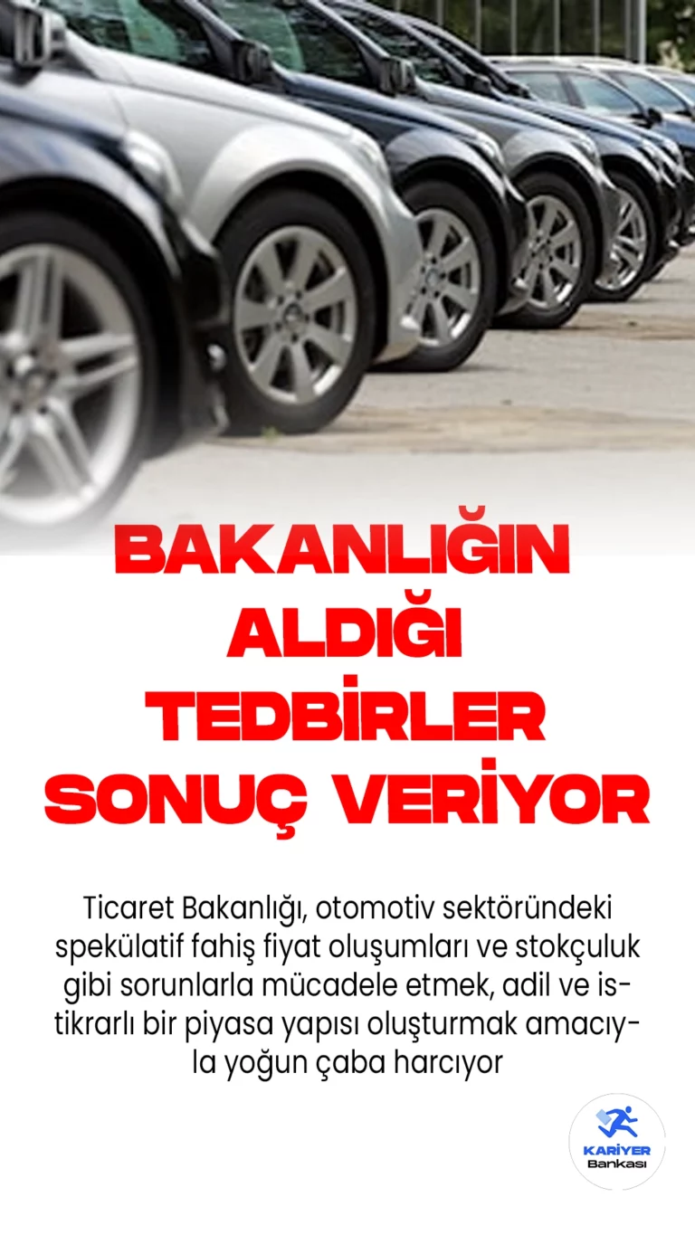 Ticaret Bakanlığının Otomotiv Tedbirleri Sonuç Veriyor.Ticaret Bakanlığı, otomotiv sektöründeki spekülatif fahiş fiyat oluşumları ve stokçuluk gibi sorunlarla mücadele etmek, adil ve istikrarlı bir piyasa yapısı oluşturmak amacıyla yoğun çaba harcıyor. Alınan önlemlerin otomotiv piyasasını dengelemeye başladığı vurgulanıyor.