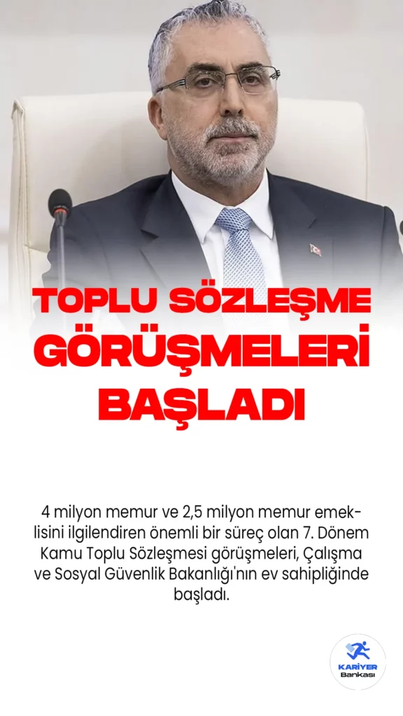 7.Dönem Toplu Sözleşme Görüşmeleri Başladı.4 milyon memur ve 2,5 milyon memur emeklisini ilgilendiren önemli bir süreç olan 7. Dönem Kamu Toplu Sözleşmesi görüşmeleri, Çalışma ve Sosyal Güvenlik Bakanlığı'nın ev sahipliğinde başladı. Bu görüşmeler, 2024-2025 yıllarındaki mali ve sosyal hakların belirleneceği kritik bir dönemi kapsıyor.