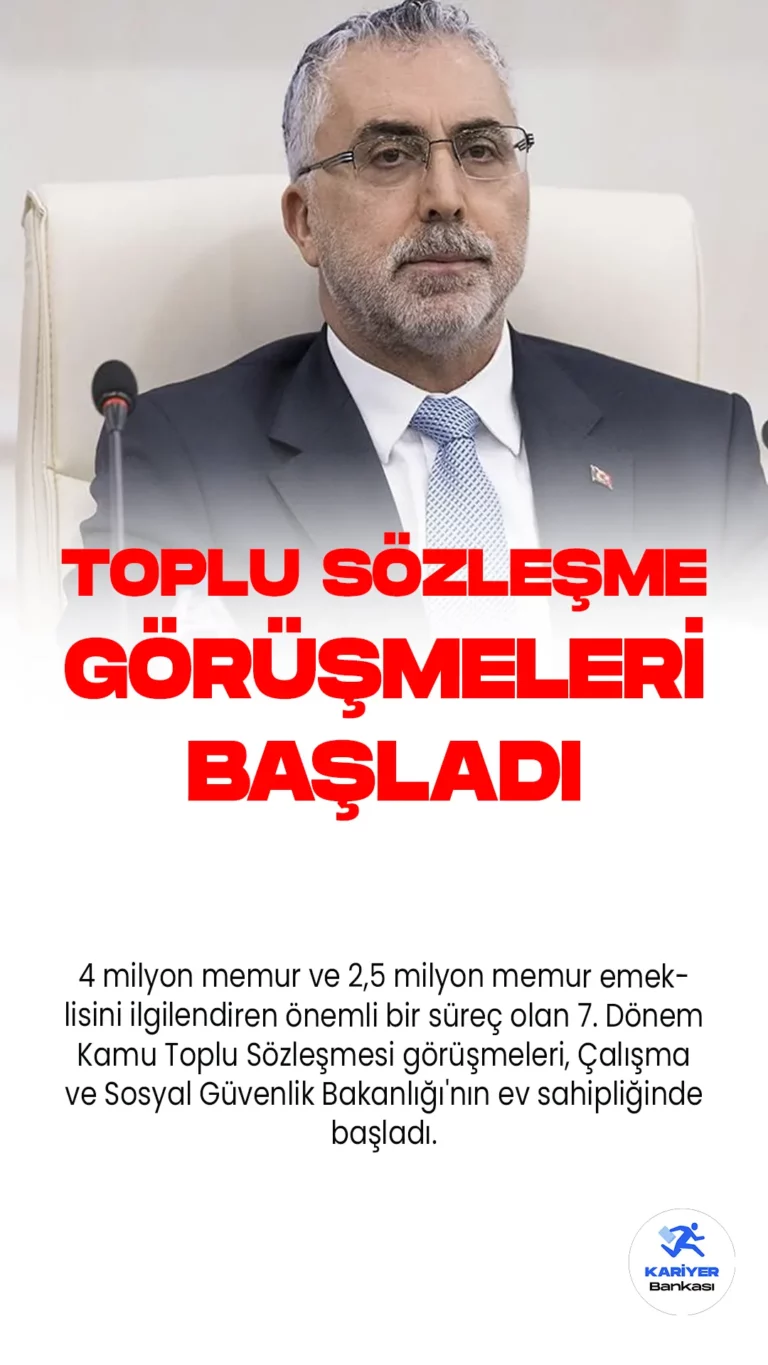 7.Dönem Toplu Sözleşme Görüşmeleri Başladı.4 milyon memur ve 2,5 milyon memur emeklisini ilgilendiren önemli bir süreç olan 7. Dönem Kamu Toplu Sözleşmesi görüşmeleri, Çalışma ve Sosyal Güvenlik Bakanlığı'nın ev sahipliğinde başladı. Bu görüşmeler, 2024-2025 yıllarındaki mali ve sosyal hakların belirleneceği kritik bir dönemi kapsıyor.