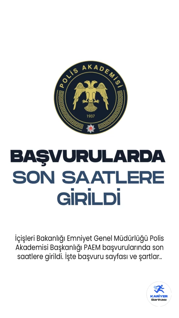 Polis Akademisi Başkanlığı 2023 6.Dönem PAEM başvurularında son saatlere girildi.İçişleri Bakanlığı Emniyet Genel Müdürlüğü Polis Akademisi Başkanlığı resmi sayfasından yayımlanan duyuruda, 400 erkek, 100 kadın aday  olmak üzere toplam 500 öğrenci alımı yapılacağı aktarılırken, adayların belirtilen şartları dikkatle incelemesi gerektiği vurgulanıyor. Başvurular bugün(22 Eylül) sona eriyor.
