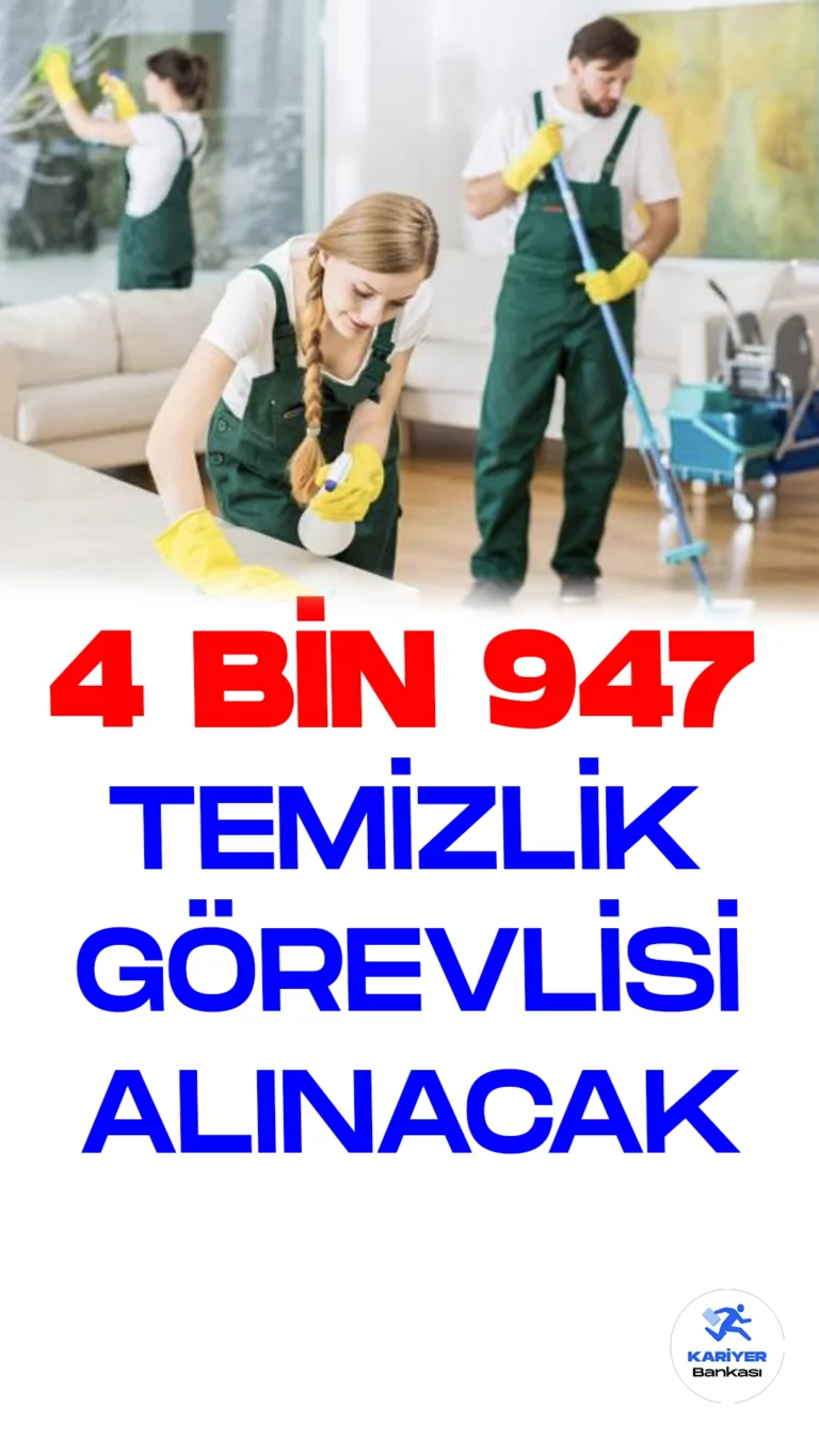 En Az İlkokul Mezunu 4 Bin 947 Temizlik Görevlisi Alınacak. Türkiye İş Kurumu (İŞKUR) web sayfası üzerinden temizlik görevlisi alımı duyurulara art arda yayımlandı. Özel sektör firmaları tarafından yayımlanan duyurulara göre, 4 bin 947 temizlik görevlisi alımı yapılacak. Başvuru yapacak adaylarda en az ilkokul mezuniyet şartı aranırken, adayların şartları dikkatle incelemesi gerektiği vurgulandı.