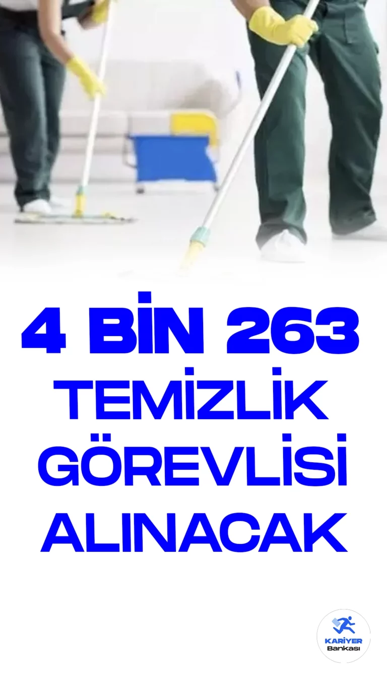 4 Bin 263 Temizlik Görevlisi Alınacak. Türkiye İş Kurumu (İŞKUR) resmi sayfasından temizlik görevlisi alımı duyuruları yayımlandı. Özel sektör firmaları tarafından yayımlanan duyurulara göre, 4 bin 263 temizlik görevlisi alımı yapılacak. Başvuru yapacak adaylarda en az ilkokul mezuniyet şartı aranıyor. Adayların belirtilen başvuru şartlarını dikkatle incelemesi gerektiği kaydedildi.