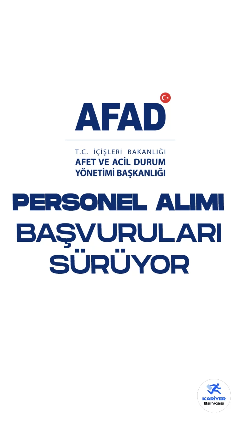Afet ve Acil Durum Yönetimi Başkanlığı (AFAD) 68 Personel Alımı Başvuruları Sürüyor. İlgili alım duyurusuna göre, AFAD'a avukat, elektrik mühendisi, inşaat mühendisi, jeoloji, hidrojeoloji mühendisi, makine mühendisi, sosyal çalışmacı, veteriner hekim, diğer sağlık personeli, destek personeli( temizlik, şoför), elektrik elektronik teknisyeni, tesisat teknolojisi ve iklimlendirme teknisyeni, koruma ve güvenlik görevlisi pozisyonları için sözleşmeli personel alımı yapılacak. Başvuru işlemleri 27 Eylül 2023 tarihinde sona erecek.