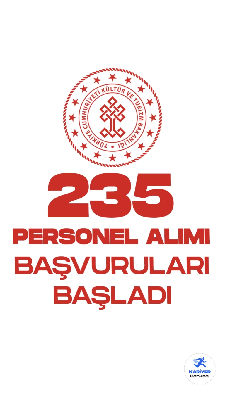 Kültür ve Turizm Bakanlığı 235 Personel Alımı Başvuruları Başladı! Cumhurbaşkanlığı SBB'de ve Bakanlık resmi sayfasından yayımlanan duyuruda, mimar, mühendis, şehir plancısı, arkeolog, müze araştırmacısı, kütüphaneci, tekniker ve teknisyen ünvanlarında sözleşmeli personel alımı yapılacağı aktarılırken, başvuruların bugün(11 Eylül) başladığı kaydedildi. Başvuru yapacak adayların genel ve özel şartları dikkatle incelemesi gerekmektedir. İşte Kültür ve Turizm Bakanlığı personel alımı şartları ve illere göre kontenjan dağılımı...