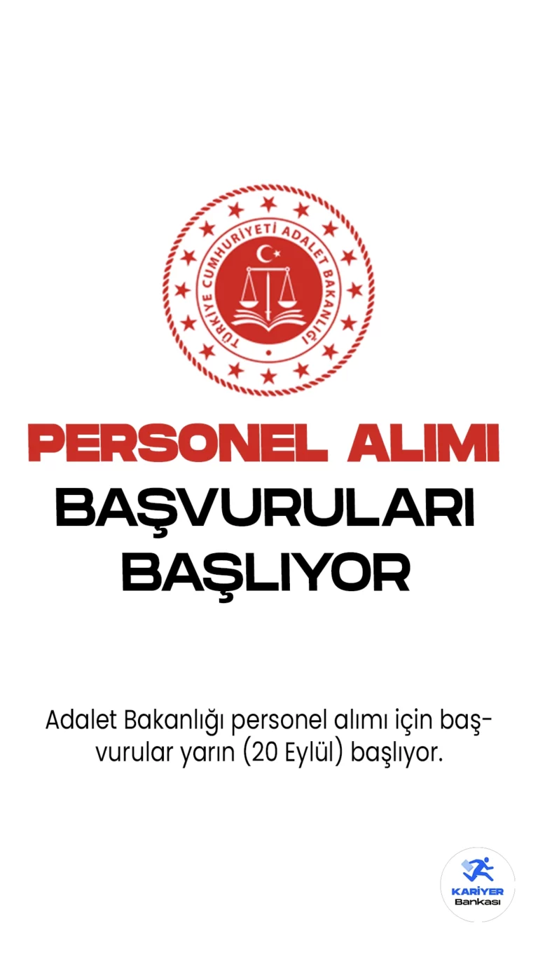 Adalet Bakanlığı personel alımı için başvurular yarın (20 Eylül) başlıyor. Resmi Gazete'de yayımlanan duyurulara göre, Adalet Bakanlığına çözümleyici, mühendis ve bilişim personeli pozisyonları içine sözleşmeli personel alımı yapacak. Başvuru yapacak adayların genel şartların yanı sıra, her ünvan için belirtilen özel şartları da dikkatle incelemesi gerekmektedir